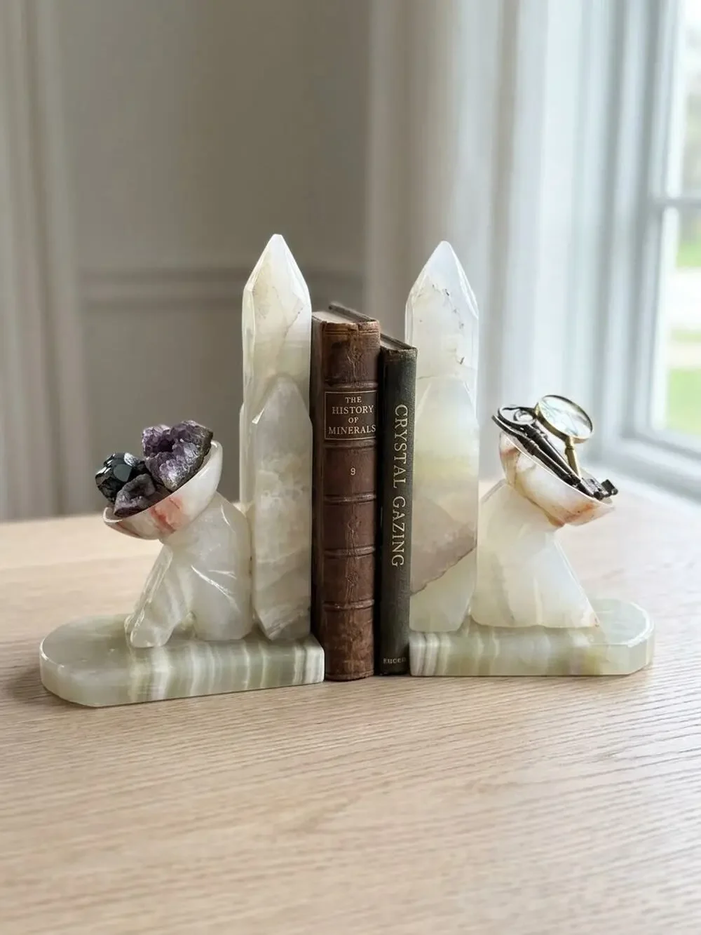 Vintage Carved Green Onyx Obelisk Bookends with Kneeling Figures & Bowls Stone